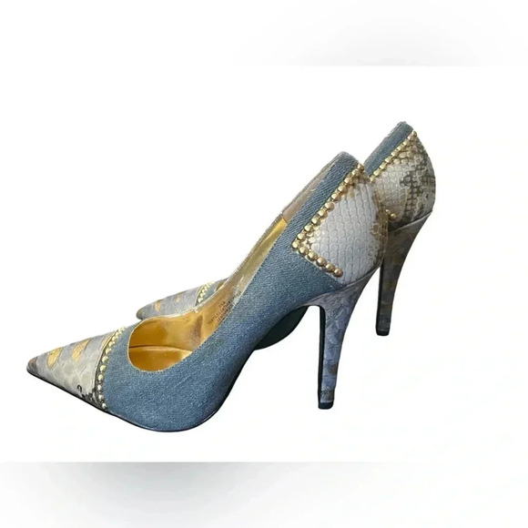 RARE BABY PHAT SNAKE LEATHER DENIM STUDDED POINTED TOE PUMPS - Picture 3 of 3
